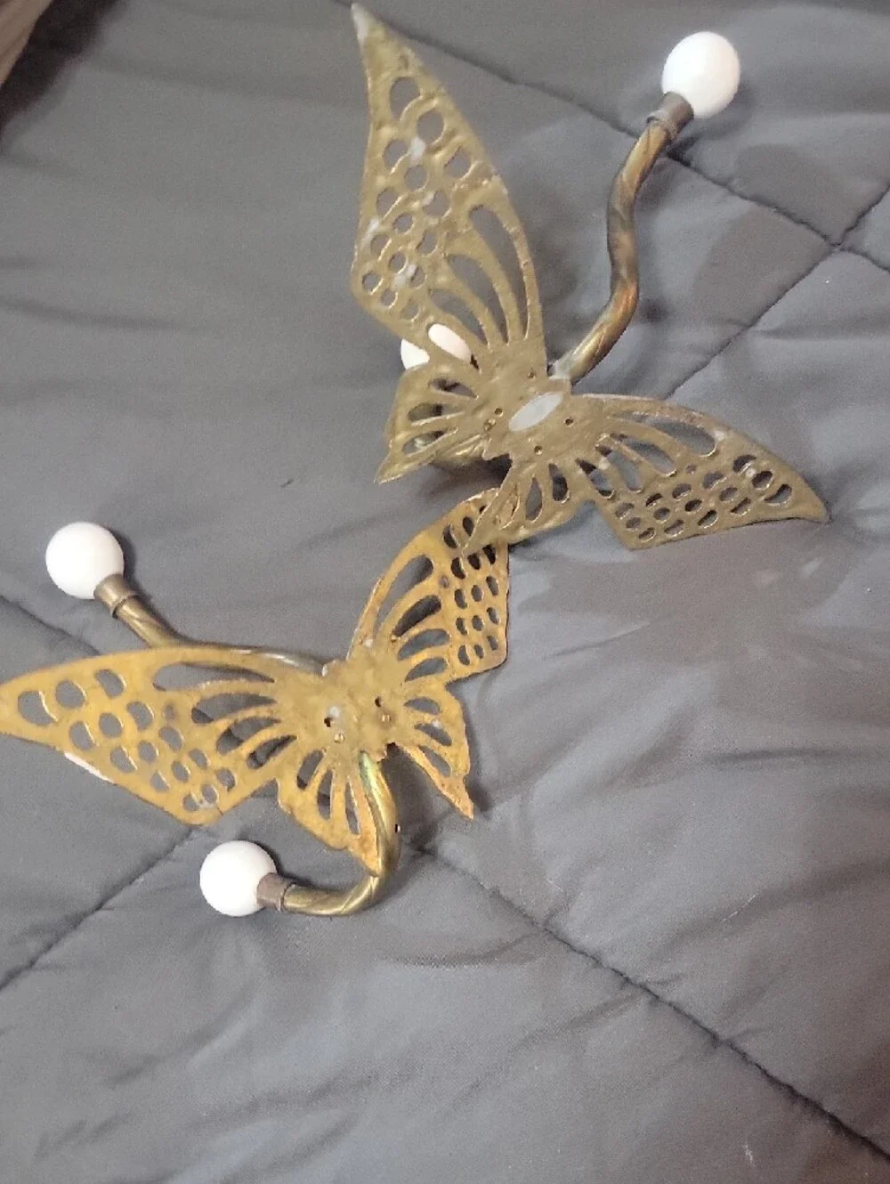 Brass Butterfly Wall Hooks with White Ceramic Knobs - Set of 2